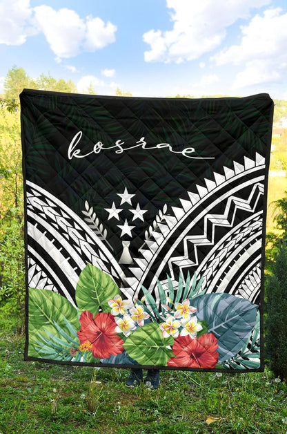 Kosrae Premium Quilt - Kosrae Coat of Arms & Polynesian Tropical Flowers White