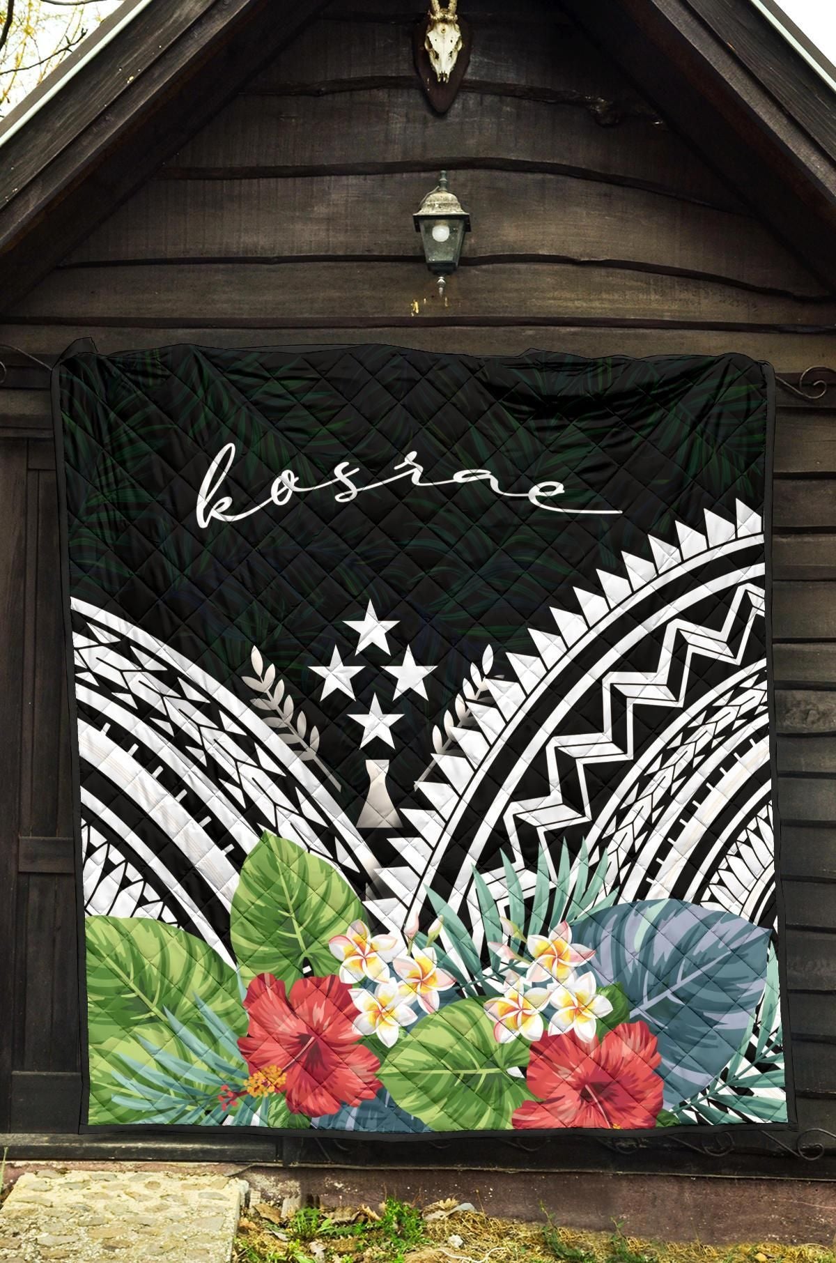 Kosrae Premium Quilt - Kosrae Coat of Arms & Polynesian Tropical Flowers White