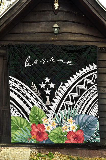 Kosrae Premium Quilt - Kosrae Coat of Arms & Polynesian Tropical Flowers White