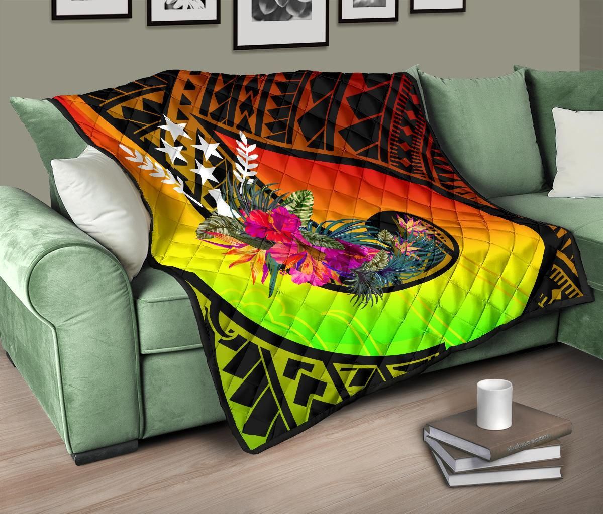 Kosrae Premium Quilt - Polynesian Hook And Hibiscus (Reggae)