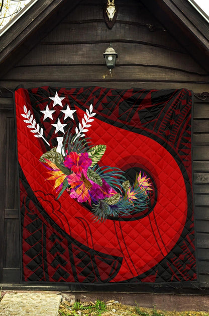 Kosrae Premium Quilt - Polynesian Hook And Hibiscus (Red)
