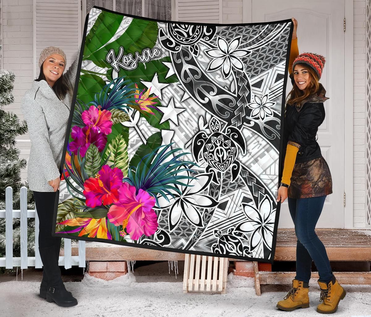 Kosrae Premium Quilt White - Turtle Plumeria Banana Leaf