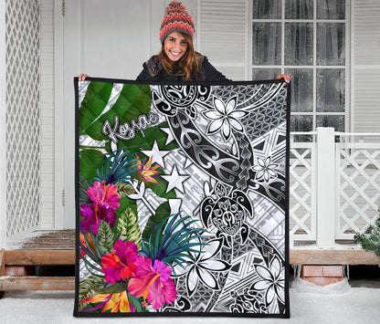 Kosrae Premium Quilt White - Turtle Plumeria Banana Leaf