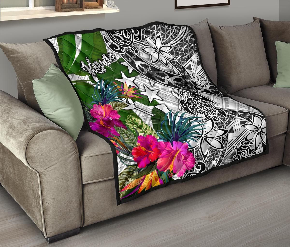 Kosrae Premium Quilt White - Turtle Plumeria Banana Leaf