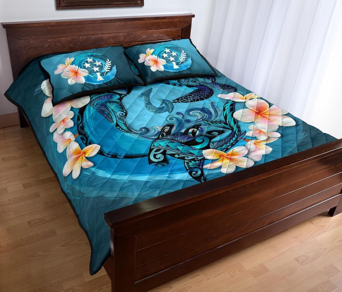 Kosrae Polynesian Quilt Bed Set - Blue Plumeria Animal Tattoo