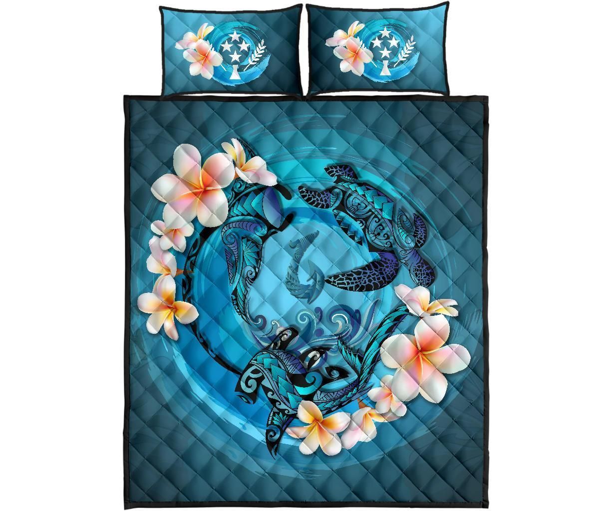 Kosrae Polynesian Quilt Bed Set - Blue Plumeria Animal Tattoo