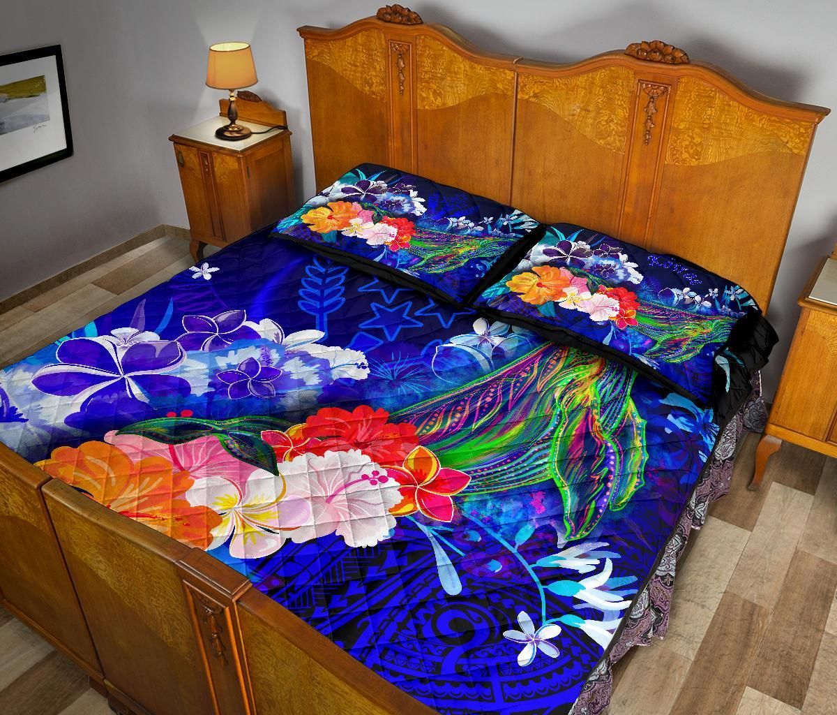 Kosrae Quilt Bed Set - Humpback Whale with Tropical Flowers (Blue)