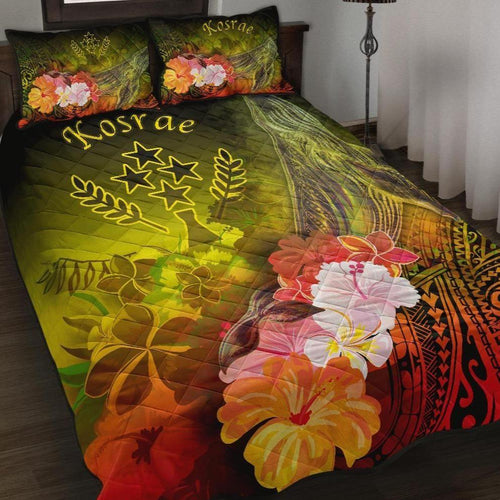 Kosrae Quilt Bed Set - Humpback Whale with Tropical Flowers (Yellow)