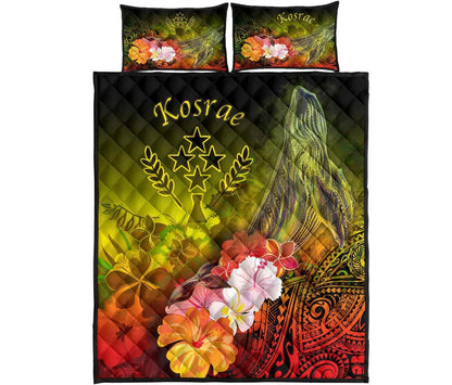 Kosrae Quilt Bed Set - Humpback Whale with Tropical Flowers (Yellow)