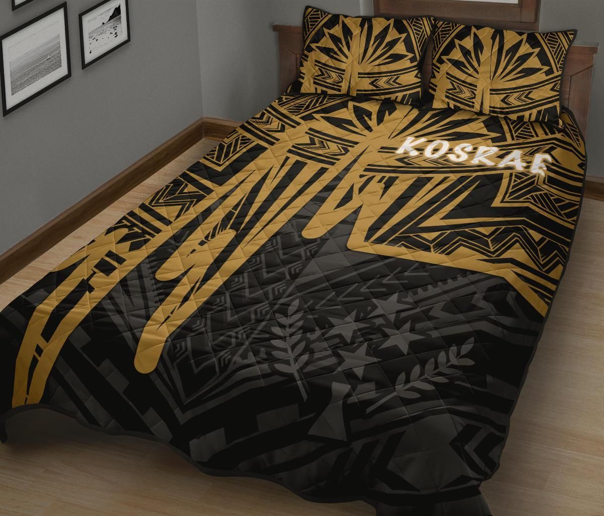 Kosrae Quilt Bed Set - Kosrae Seal In Heartbeat Patterns Style (Gold)