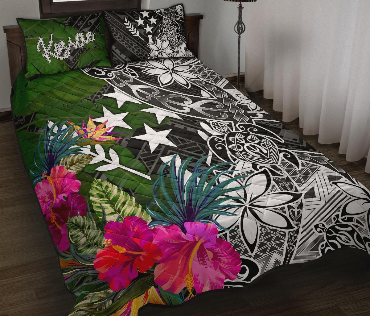 Kosrae Quilt Bed Set - Turtle Plumeria Banana Leaf