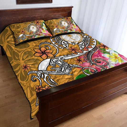 Kosrae Quilt Bed Set - Turtle Plumeria (Gold)