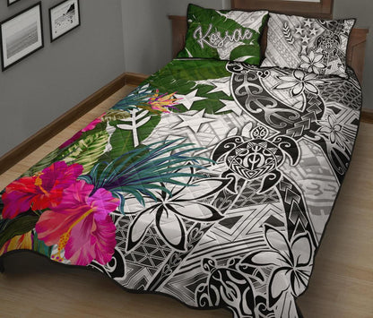 Kosrae Quilt Bed Set White - Turtle Plumeria Banana Leaf