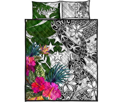 Kosrae Quilt Bed Set White - Turtle Plumeria Banana Leaf