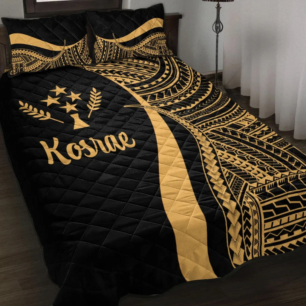 Kosrae Quilt Bed Set - Gold Polynesian Tentacle Tribal Pattern