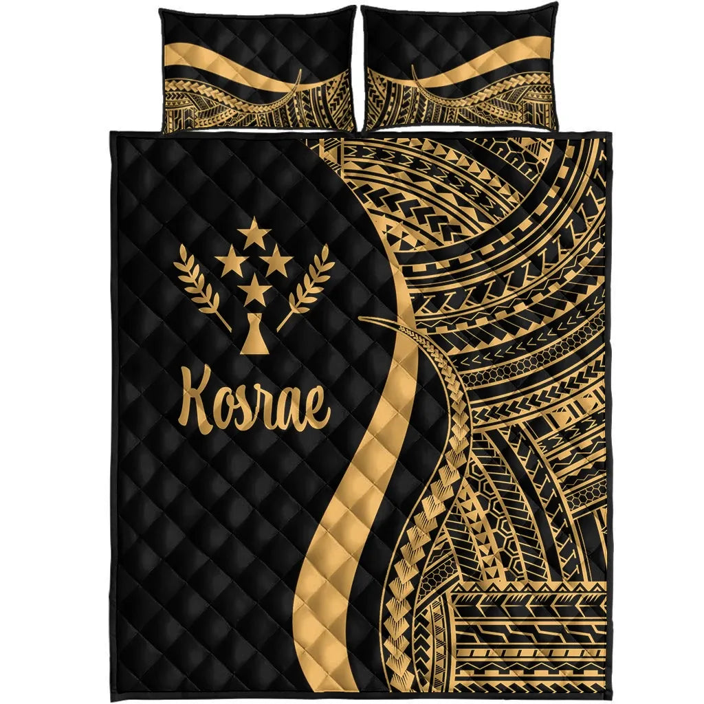 Kosrae Quilt Bed Set - Gold Polynesian Tentacle Tribal Pattern