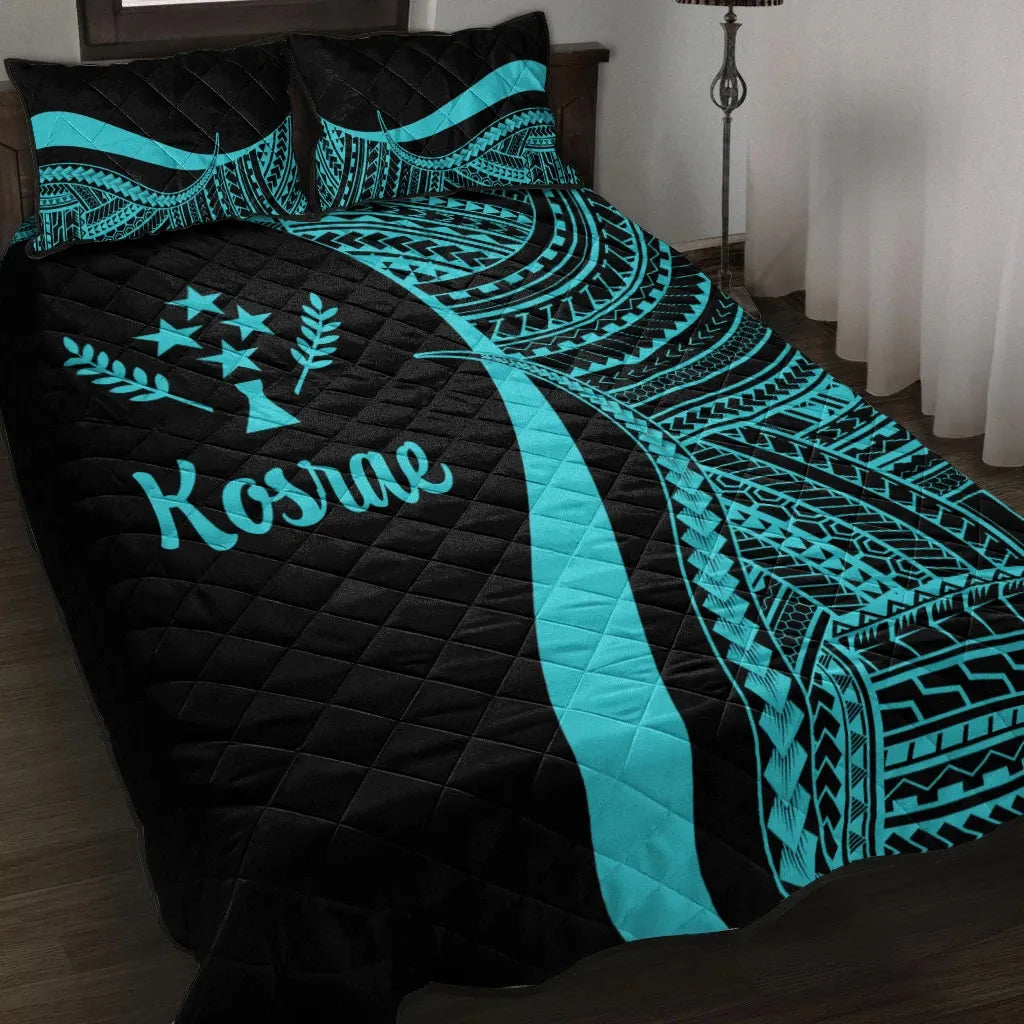 Kosrae Quilt Bed Set - Turquoise Polynesian Tentacle Tribal Pattern