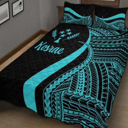 Kosrae Quilt Bed Set - Turquoise Polynesian Tentacle Tribal Pattern