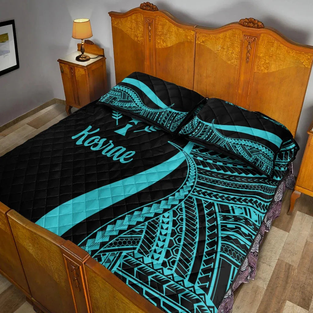 Kosrae Quilt Bed Set - Turquoise Polynesian Tentacle Tribal Pattern