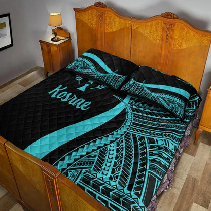 Kosrae Quilt Bed Set - Turquoise Polynesian Tentacle Tribal Pattern