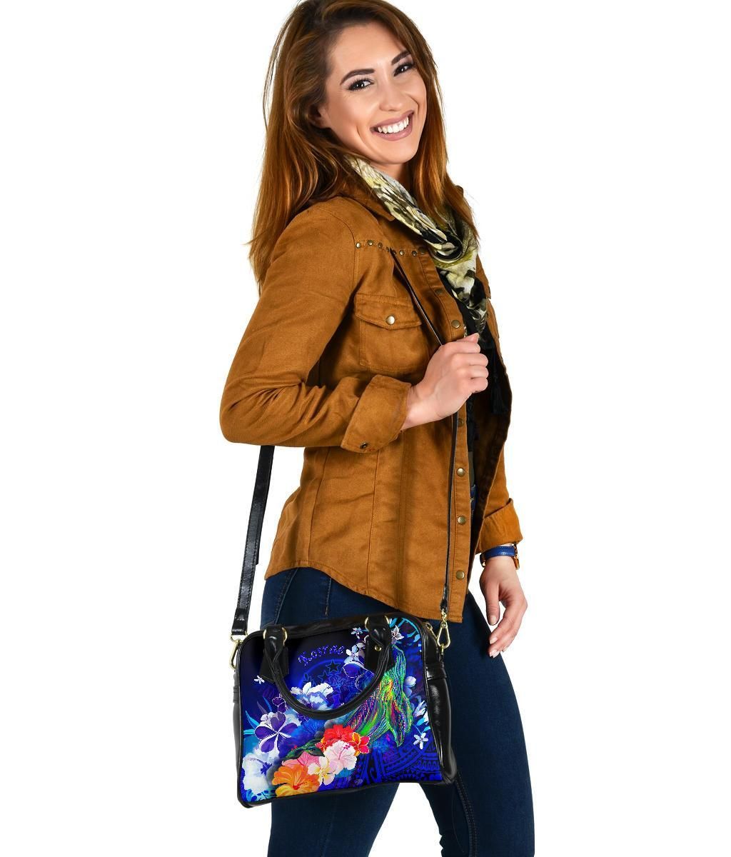 Kosrae Shoulder Handbag - Humpback Whale With Tropical Flowers (Blue)