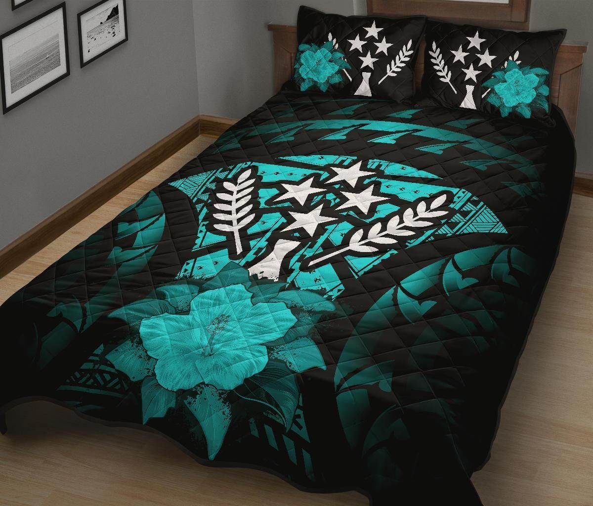 Kosrae Polynesian Quilt Bed Set Hibiscus Turquoise
