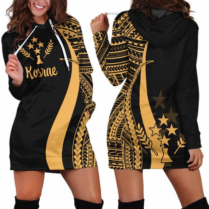 Kosrae Female Hoodie Dress - Gold Polynesian Tentacle Tribal Pattern