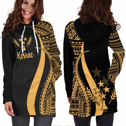 Kosrae Female Hoodie Dress - Gold Polynesian Tentacle Tribal Pattern