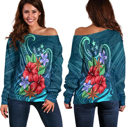 Kosrae Women Off Shoulder Sweater - Blue Pattern With Tropical Flowers