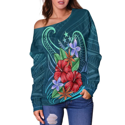Kosrae Women Off Shoulder Sweater - Blue Pattern With Tropical Flowers