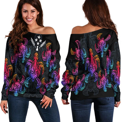 Kosrae Women Off Shoulder Sweaters - Sea Turtle In Tribal Polynesian Style