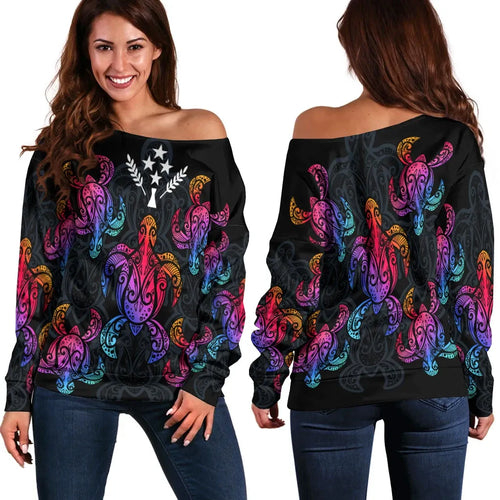 Kosrae Women Off Shoulder Sweaters - Sea Turtle In Tribal Polynesian Style