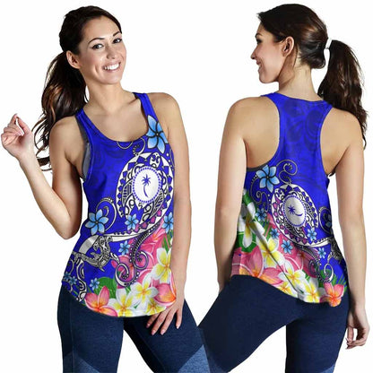 Kosrae Women Racerback Tank - Turtle Plumeria (Blue)