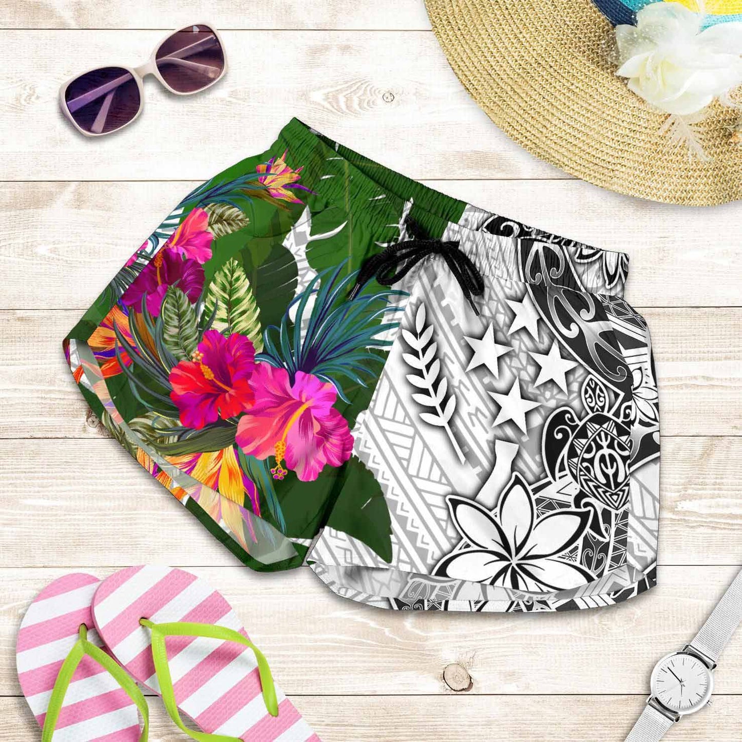 Kosrae Women Shorts White - Turtle Plumeria Banana Leaf