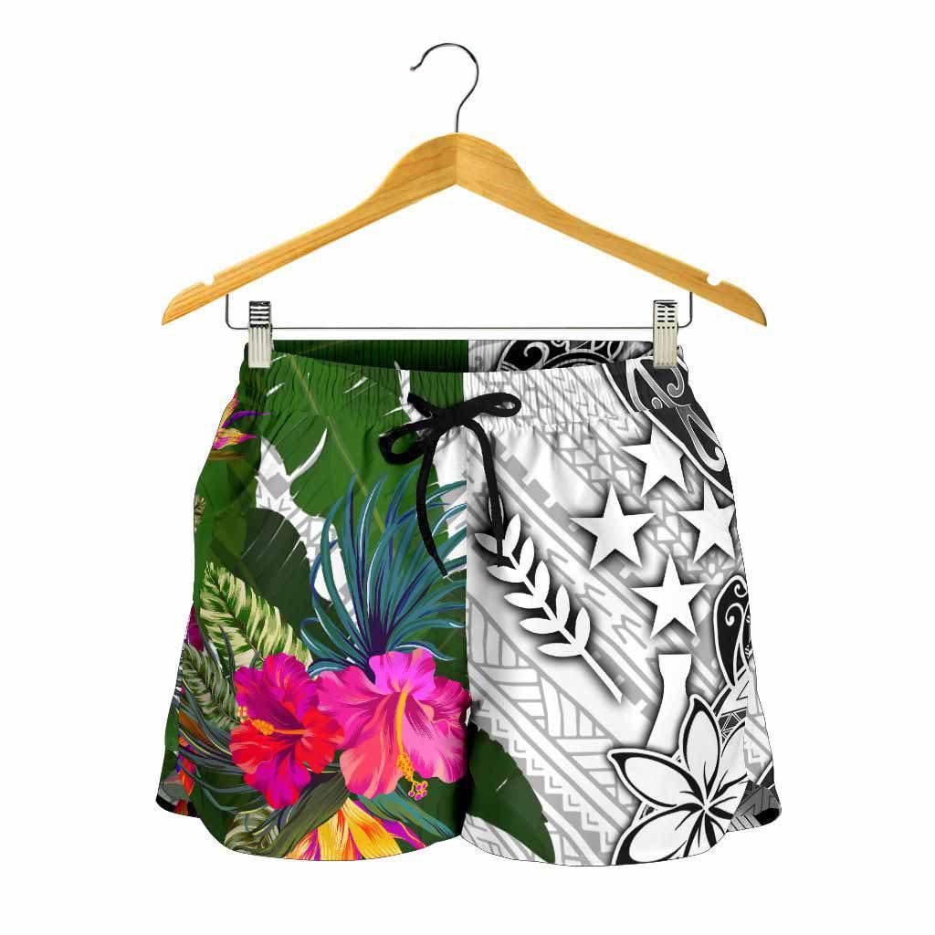Kosrae Women Shorts White - Turtle Plumeria Banana Leaf
