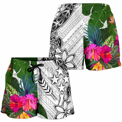 Kosrae Women Shorts White - Turtle Plumeria Banana Leaf