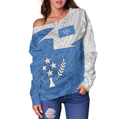 Kosrae Off Shoulder Sweatshirt Polynesian Tattoo Flag And Coat Of Arms