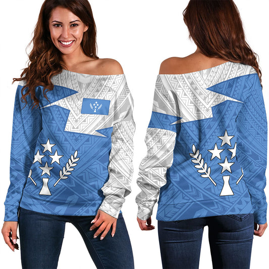 Kosrae Off Shoulder Sweatshirt Polynesian Tattoo Flag And Coat Of Arms