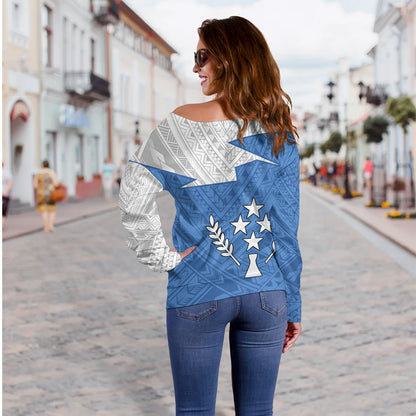 Kosrae Off Shoulder Sweatshirt Polynesian Tattoo Flag And Coat Of Arms