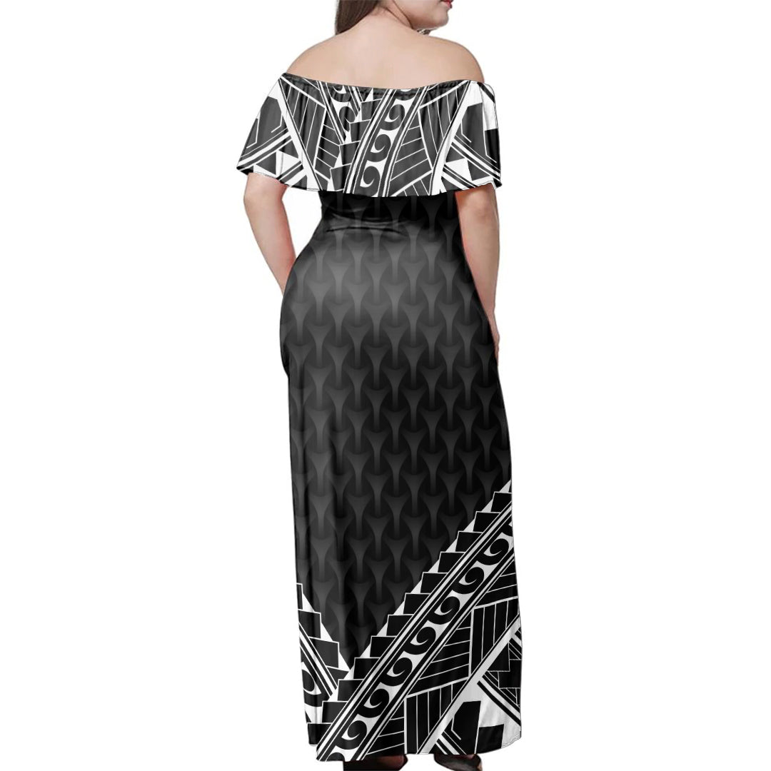 Polynesian Woman Off Shoulder Long Dress Pattern Black