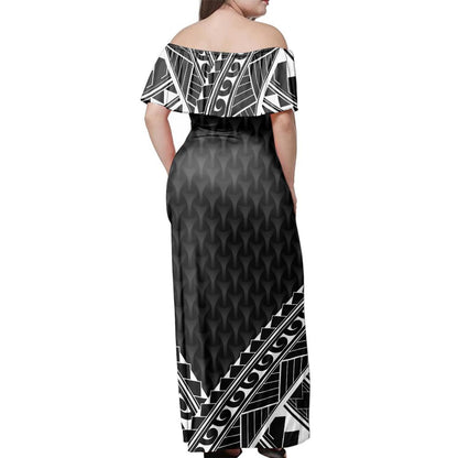 Polynesian Woman Off Shoulder Long Dress Pattern Black
