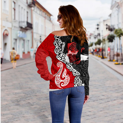 New Zealand Off Shoulder Sweatshirt Maori People Of New Zealand Grunge Pattern