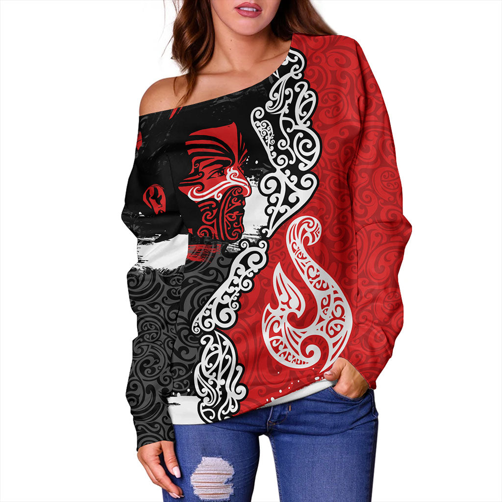 New Zealand Off Shoulder Sweatshirt Maori People Of New Zealand Grunge Pattern