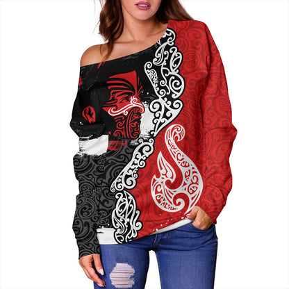 New Zealand Off Shoulder Sweatshirt Maori People Of New Zealand Grunge Pattern