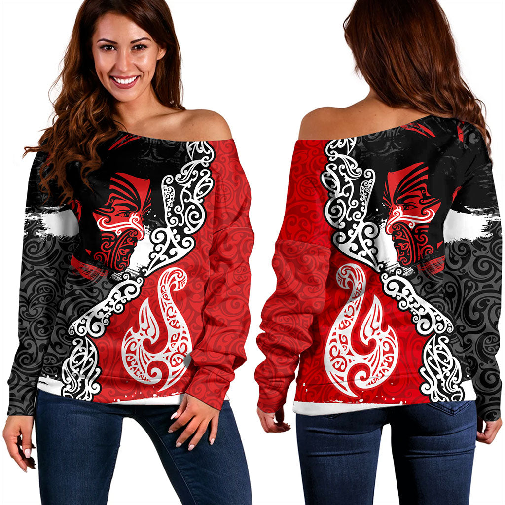 New Zealand Off Shoulder Sweatshirt Maori People Of New Zealand Grunge Pattern