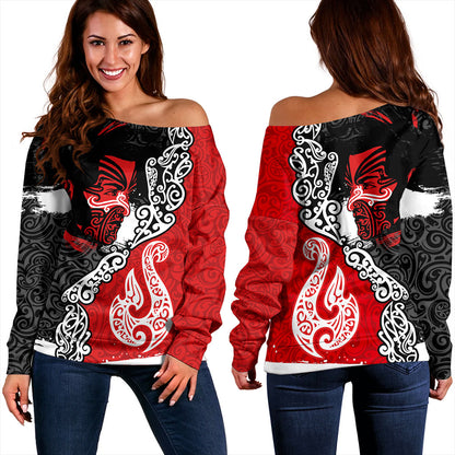 New Zealand Off Shoulder Sweatshirt Maori People Of New Zealand Grunge Pattern