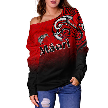 New Zealand Off Shoulder Sweatshirt Maori Kiwi Bird Tribal Style