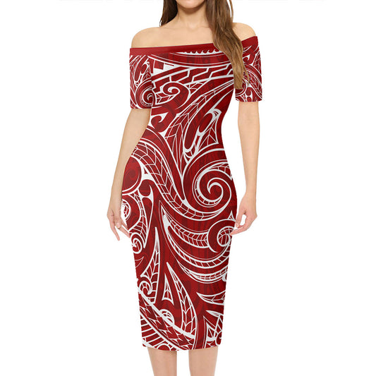 Hawaii Short Sleeve Off The Shoulder Lady Dress Maori Pattern