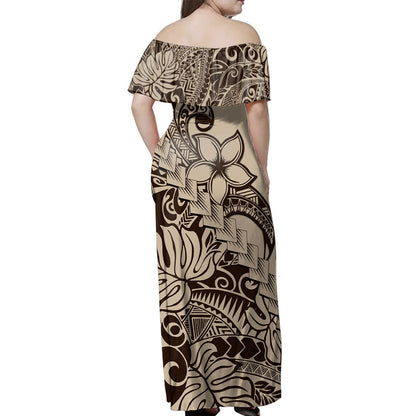 Polynesian Woman Off Shoulder Long Dress Tribal Plumeria Beautiful
