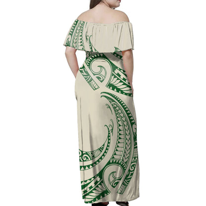 Hawaii Off Shoulder Long Dress Polynesia Tribal Wave Style